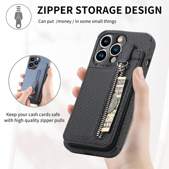 Estuche para teléfono con cremallera vertical de fibra de carbono