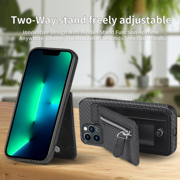 Estuche para teléfono con cremallera vertical de fibra de carbono