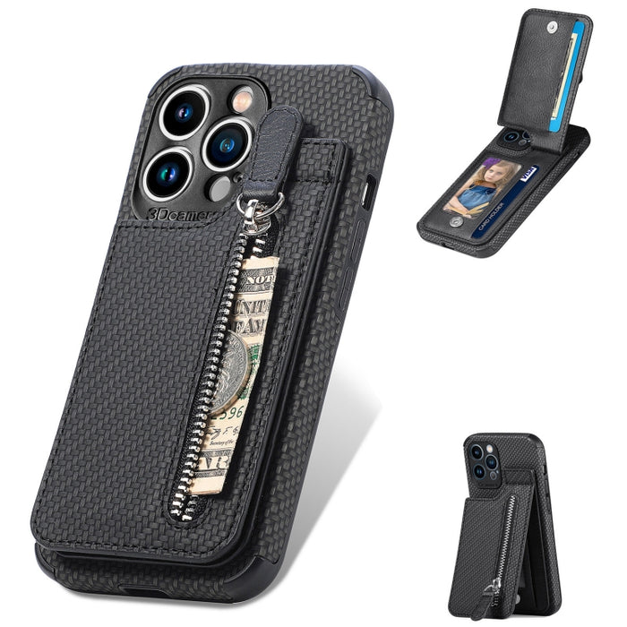 Estuche para teléfono con cremallera vertical de fibra de carbono