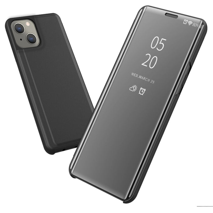 Estuche para teléfono de cuero con tapa horizontal con espejo plateado y soporte