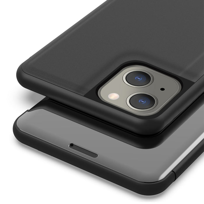 Estuche para teléfono de cuero con tapa horizontal con espejo plateado y soporte
