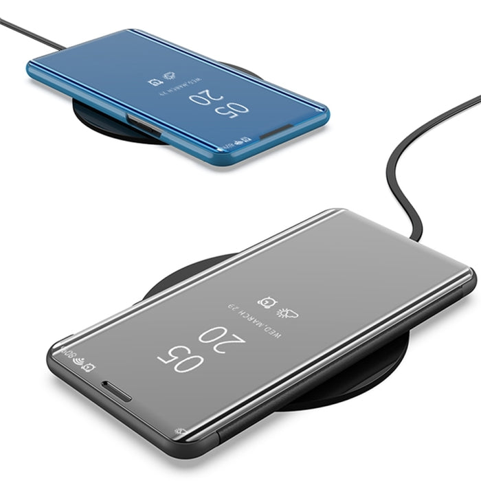 Estuche para teléfono de cuero con tapa horizontal con espejo plateado y soporte