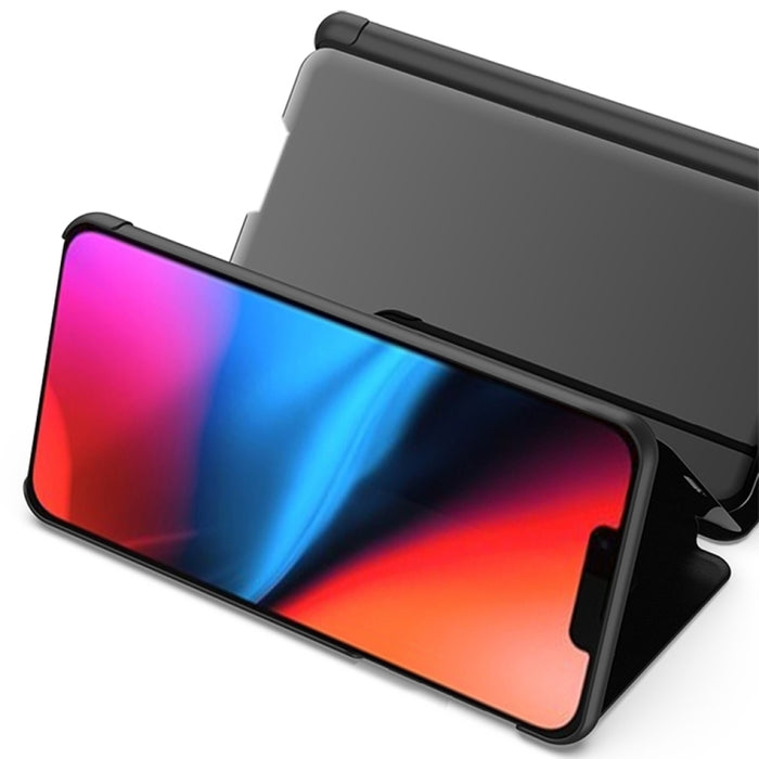 Estuche para teléfono de cuero con tapa horizontal con espejo plateado y soporte