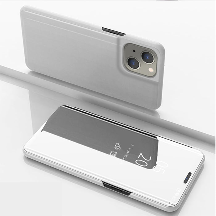 Estuche para teléfono de cuero con tapa horizontal con espejo plateado y soporte