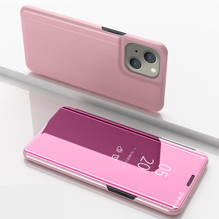 Estuche para teléfono de cuero con tapa horizontal con espejo plateado y soporte