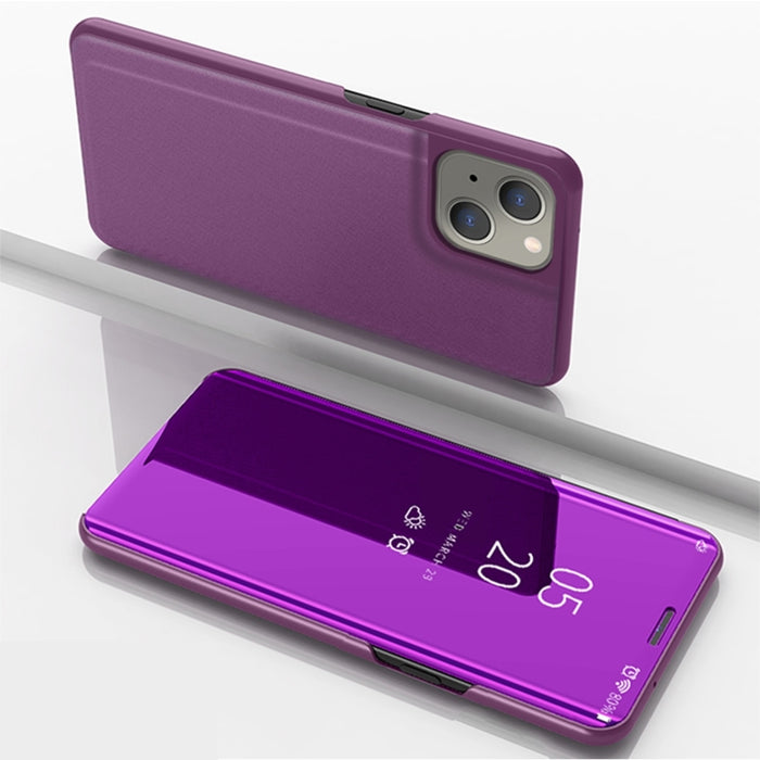 Estuche para teléfono de cuero con tapa horizontal con espejo plateado y soporte