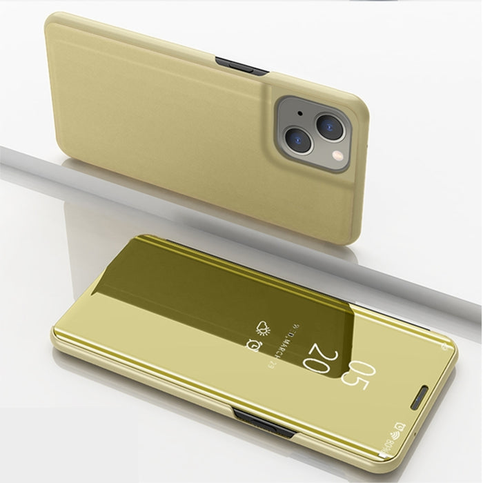 Estuche para teléfono de cuero con tapa horizontal con espejo plateado y soporte
