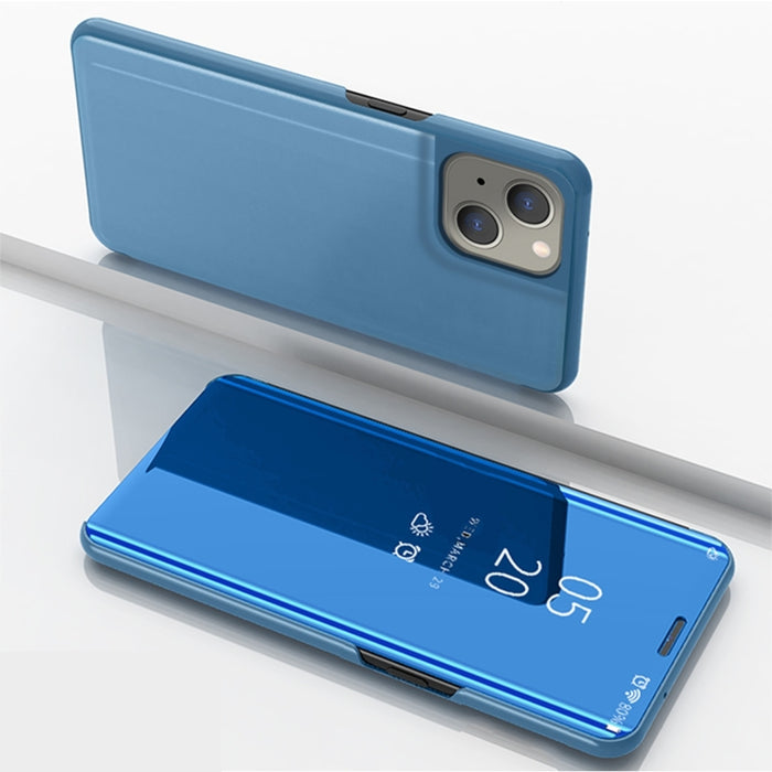 Estuche para teléfono de cuero con tapa horizontal con espejo plateado y soporte