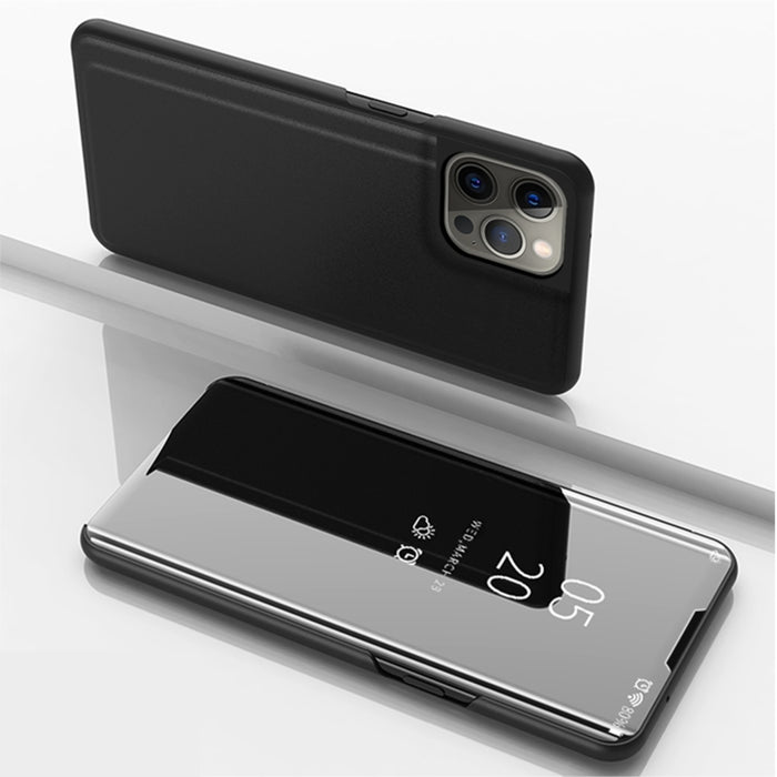 Estuche para teléfono de cuero con tapa horizontal con espejo plateado y soporte