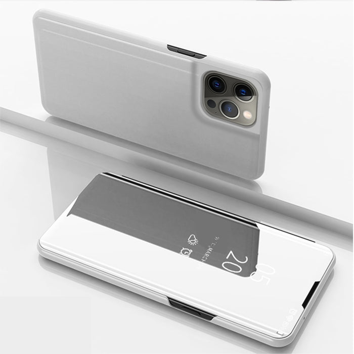 Estuche para teléfono de cuero con tapa horizontal con espejo plateado y soporte