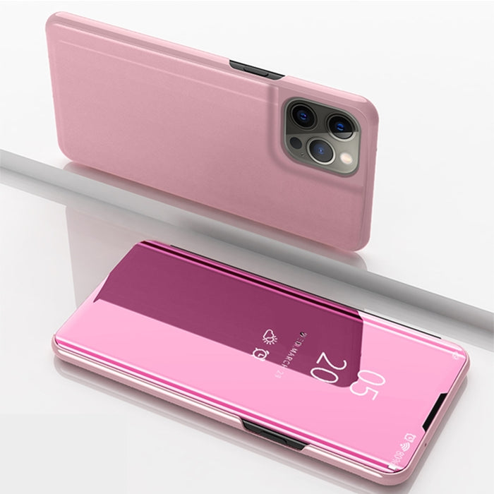 Estuche para teléfono de cuero con tapa horizontal con espejo plateado y soporte