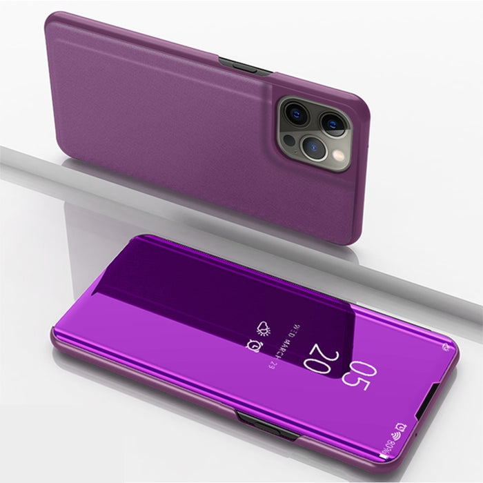Estuche para teléfono de cuero con tapa horizontal con espejo plateado y soporte