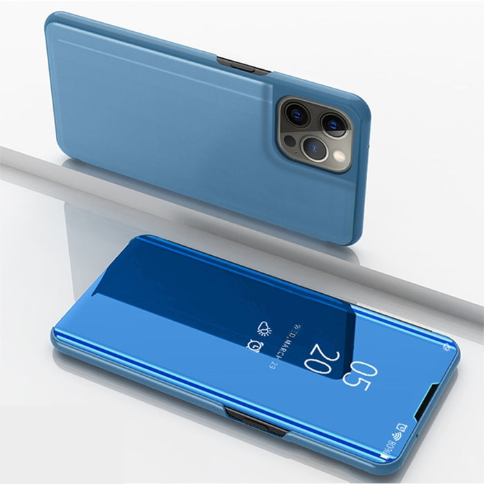 Estuche para teléfono de cuero con tapa horizontal con espejo plateado y soporte