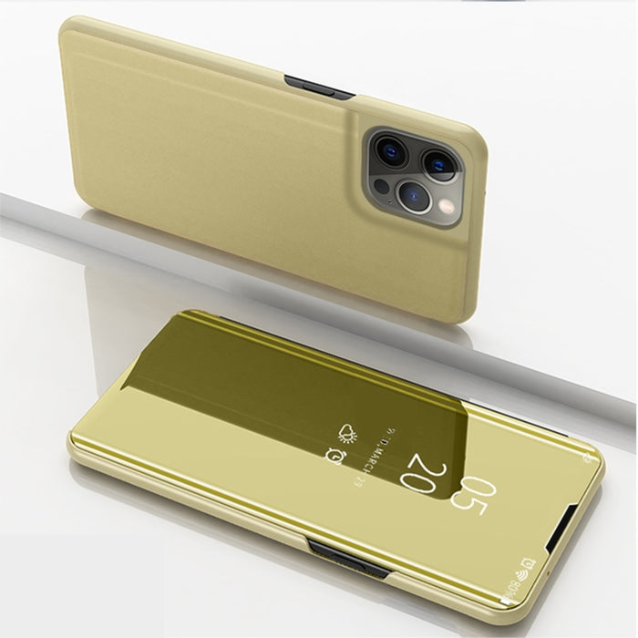 Estuche para teléfono de cuero con tapa horizontal con espejo plateado y soporte