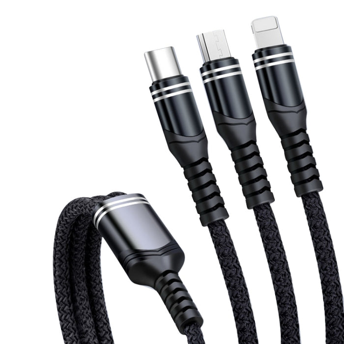 6A 66W 3 en 1 USB a 8 pines + Micro USB + USB-C / Tipo-C Cable de datos trenzado de carga rápida