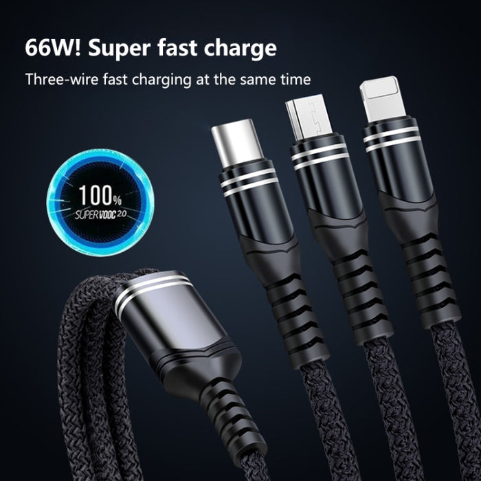 6A 66W 3 en 1 USB a 8 pines + Micro USB + USB-C / Tipo-C Cable de datos trenzado de carga rápida