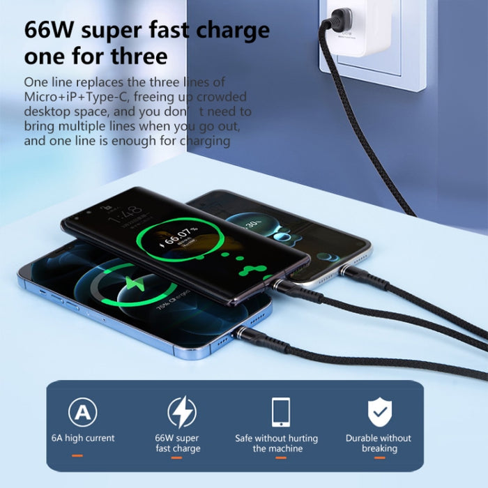 6A 66W 3 en 1 USB a 8 pines + Micro USB + USB-C / Tipo-C Cable de datos trenzado de carga rápida