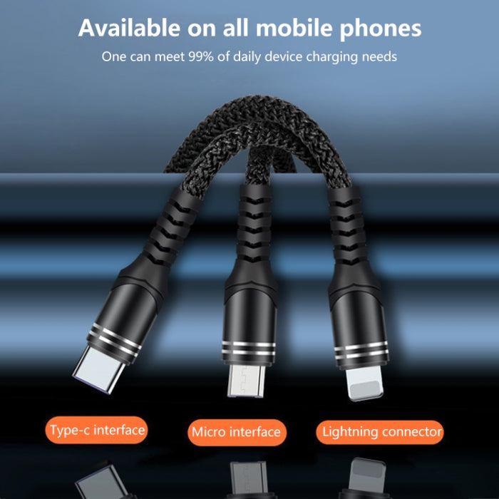 6A 66W 3 en 1 USB a 8 pines + Micro USB + USB-C / Tipo-C Cable de datos trenzado de carga rápida