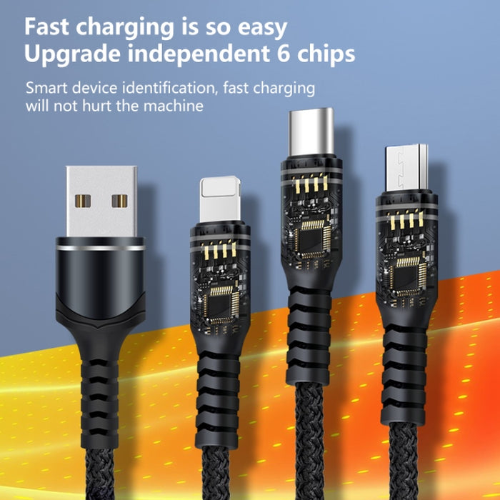 6A 66W 3 en 1 USB a 8 pines + Micro USB + USB-C / Tipo-C Cable de datos trenzado de carga rápida
