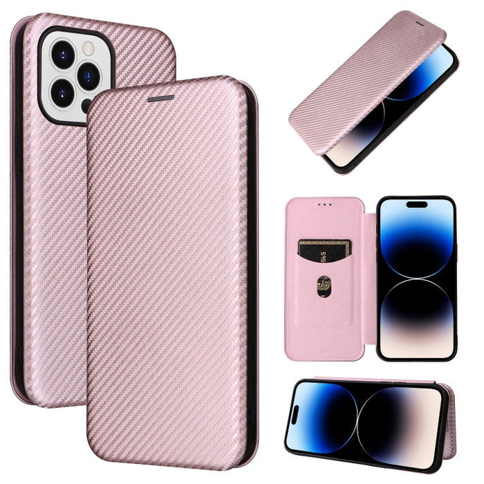 Caja de teléfono de cuero con tapa magnética de textura de fibra de carbono, For iPhone 14, For iPhone 14 Plus, For iPhone 14 Pro, For iPhone 14 Pro Max