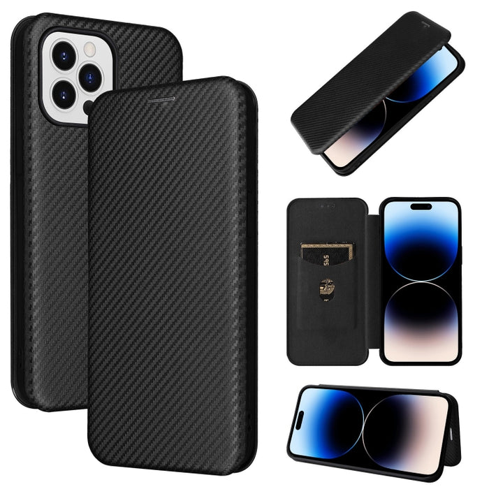 Caja de teléfono de cuero con tapa magnética de textura de fibra de carbono, For iPhone 14, For iPhone 14 Plus, For iPhone 14 Pro, For iPhone 14 Pro Max
