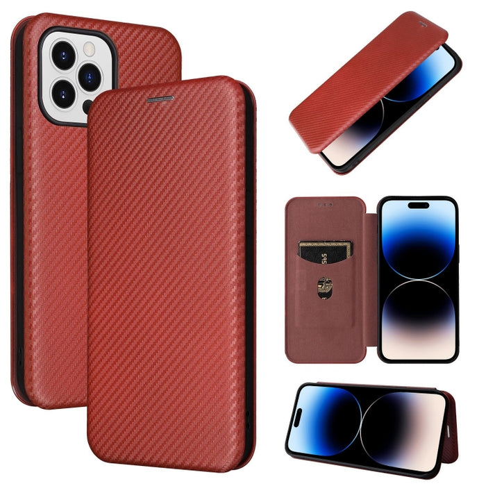 Caja de teléfono de cuero con tapa magnética de textura de fibra de carbono, For iPhone 14, For iPhone 14 Plus, For iPhone 14 Pro, For iPhone 14 Pro Max