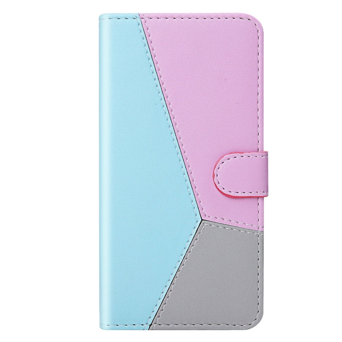 Estuche para teléfono de cuero con tapa y costuras tricolores