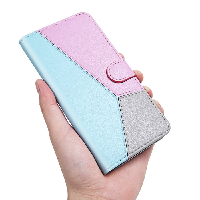 Estuche para teléfono de cuero con tapa y costuras tricolores