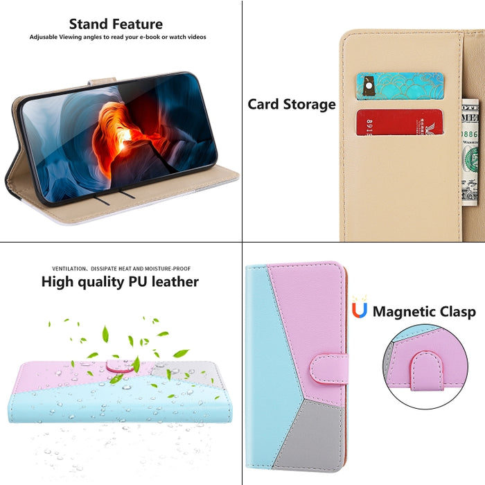 Estuche para teléfono de cuero con tapa y costuras tricolores