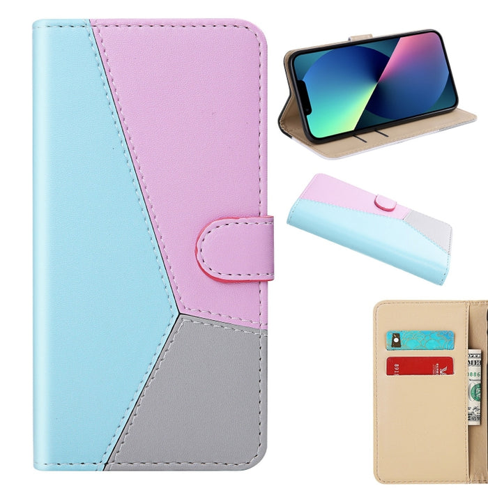 Estuche para teléfono de cuero con tapa y costuras tricolores