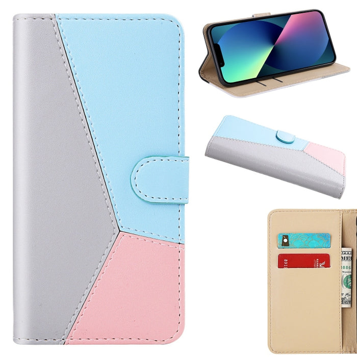 Estuche para teléfono de cuero con tapa y costuras tricolores