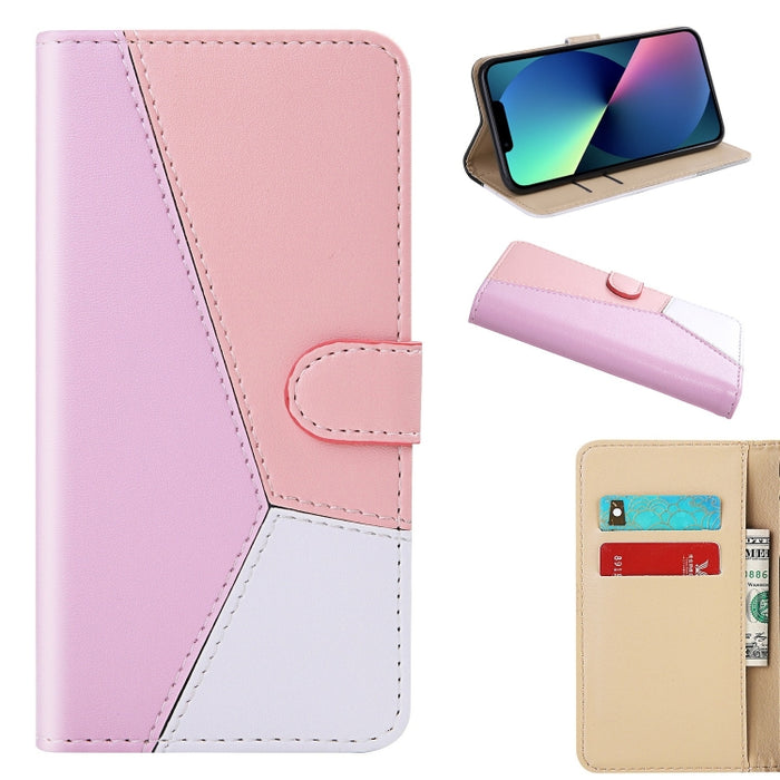 Estuche para teléfono de cuero con tapa y costuras tricolores