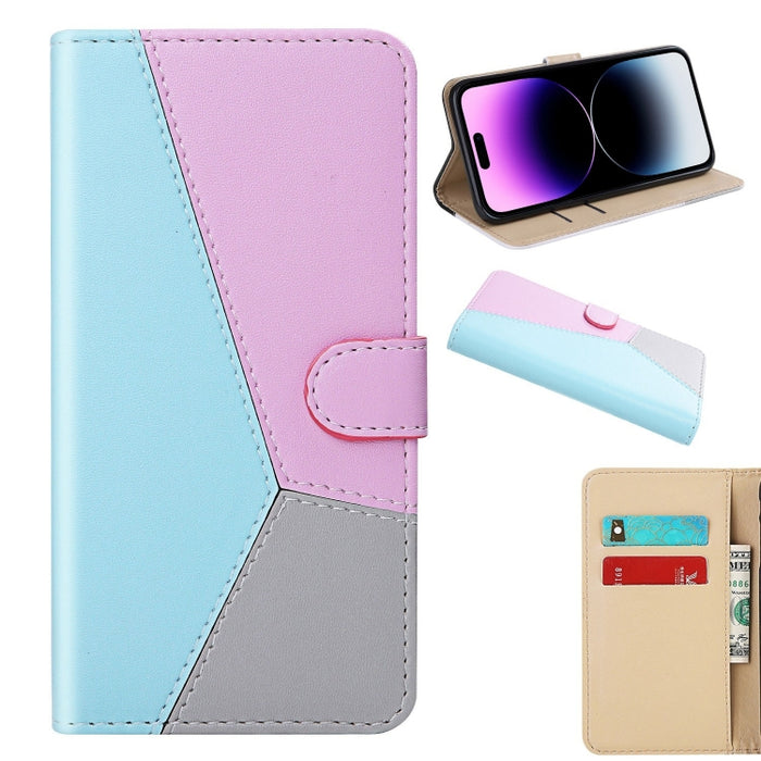 Estuche para teléfono de cuero con tapa y costuras tricolores