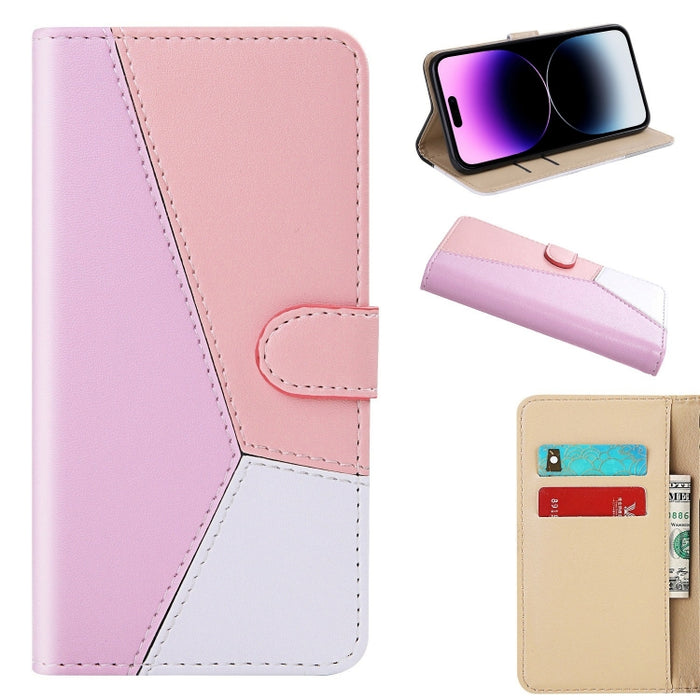 Estuche para teléfono de cuero con tapa y costuras tricolores