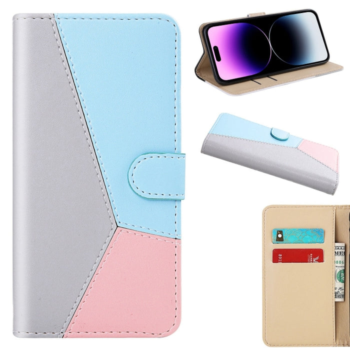 Estuche para teléfono de cuero con tapa y costuras tricolores