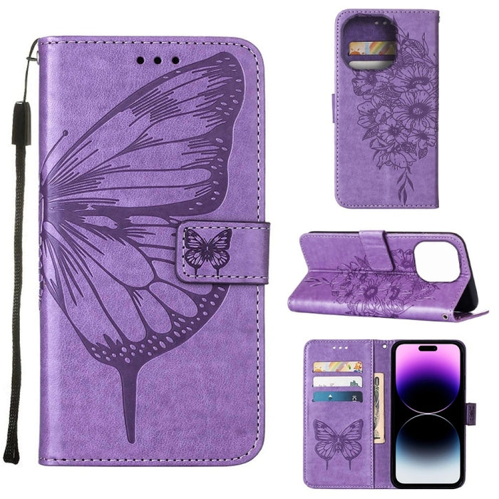 Estuche para teléfono de cuero con mariposa en relieve, For iPhone 14, For iPhone 14 Plus, For iPhone 14 Pro, For iPhone 14 Pro Max