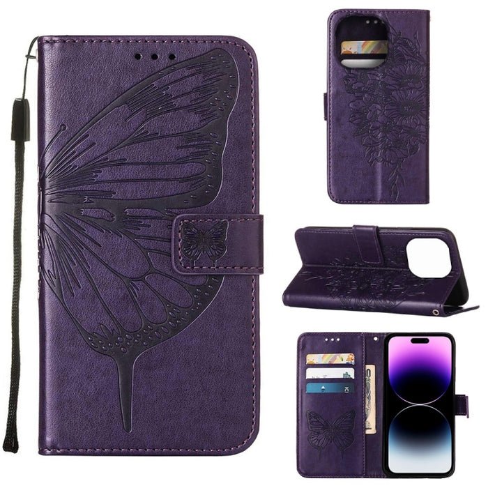 Estuche para teléfono de cuero con mariposa en relieve, For iPhone 14, For iPhone 14 Plus, For iPhone 14 Pro, For iPhone 14 Pro Max