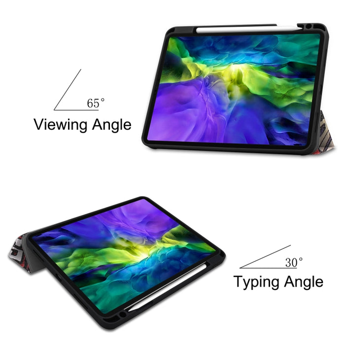 Funda para tableta inteligente de TPU pintada con función de suspensión, soporte de tres pliegues y ranura para bolígrafo