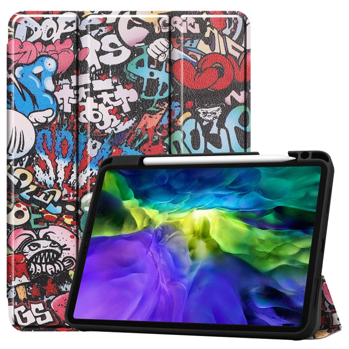 Funda para tableta inteligente de TPU pintada con función de suspensión, soporte de tres pliegues y ranura para bolígrafo