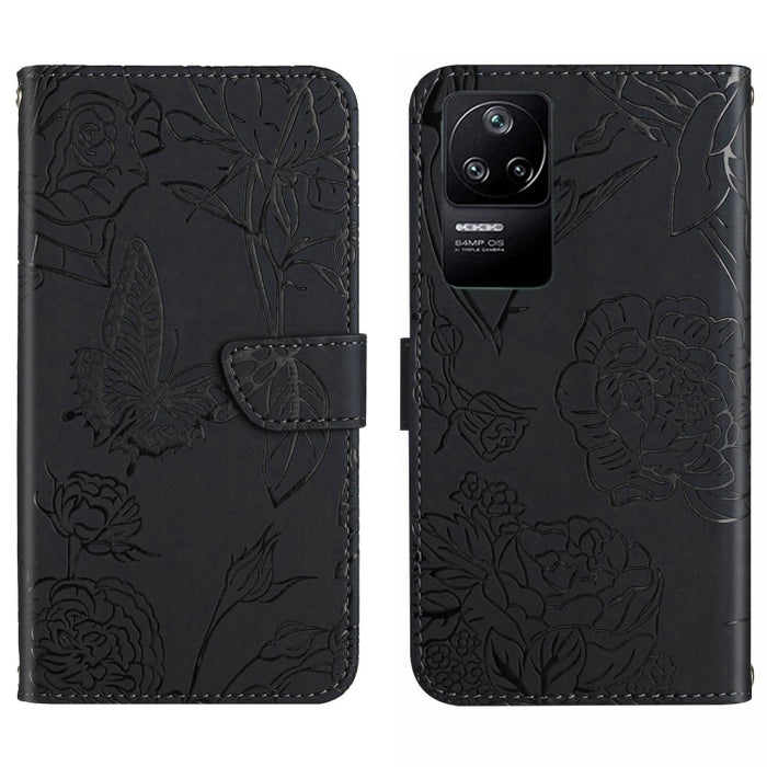 Skin Feel Butterfly Peony Estuche para teléfono de cuero en relieve, For Xiaomi Poco F4 5G, For Xiaomi Poco X4 GT