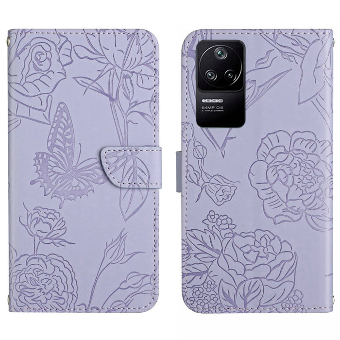 Skin Feel Butterfly Peony Estuche para teléfono de cuero en relieve, For Xiaomi Poco F4 5G, For Xiaomi Poco X4 GT