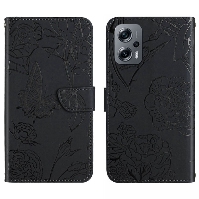 Skin Feel Butterfly Peony Estuche para teléfono de cuero en relieve, For Xiaomi Poco F4 5G, For Xiaomi Poco X4 GT