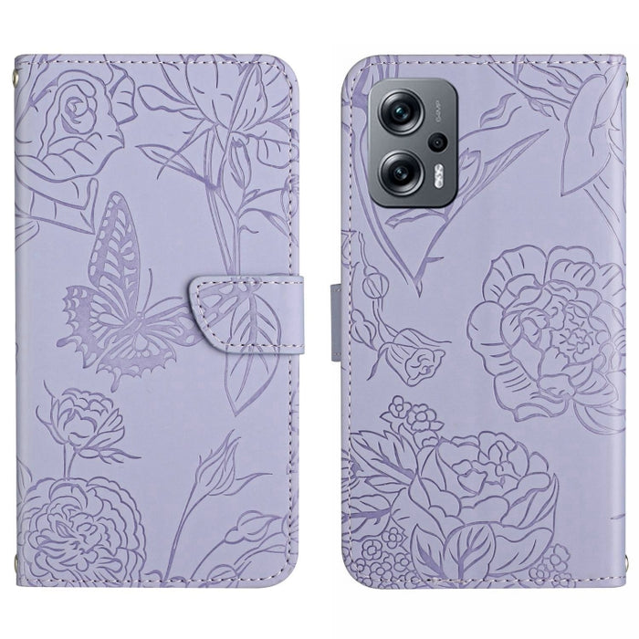 Skin Feel Butterfly Peony Estuche para teléfono de cuero en relieve, For Xiaomi Poco F4 5G, For Xiaomi Poco X4 GT
