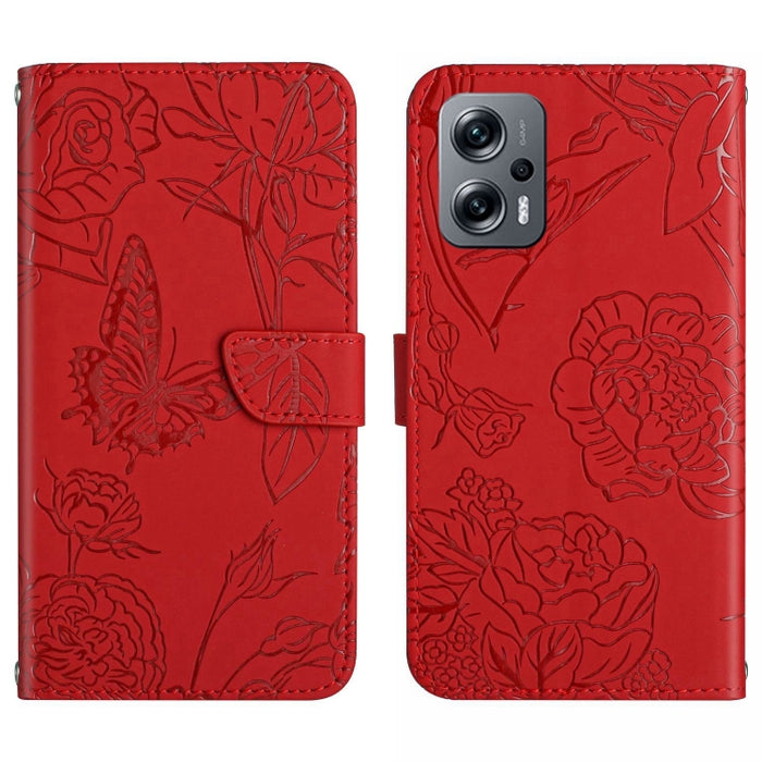 Skin Feel Butterfly Peony Estuche para teléfono de cuero en relieve, For Xiaomi Poco F4 5G, For Xiaomi Poco X4 GT