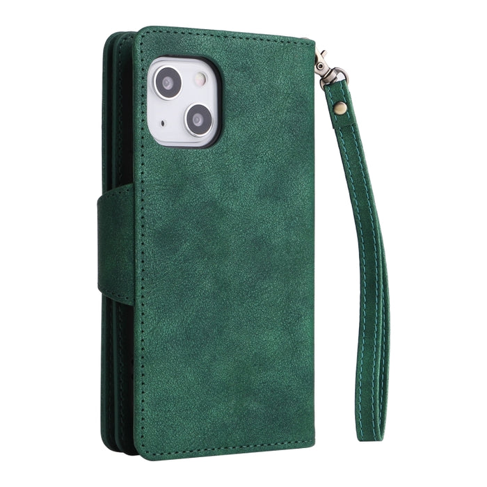 Caja de teléfono de cuero con tres pliegues para 9 tarjetas con hebilla de remache, For iPhone 13