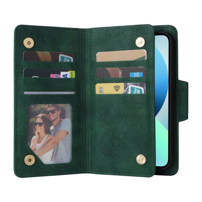 Caja de teléfono de cuero con tres pliegues para 9 tarjetas con hebilla de remache, For iPhone 13
