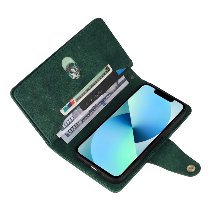 Caja de teléfono de cuero con tres pliegues para 9 tarjetas con hebilla de remache, For iPhone 13