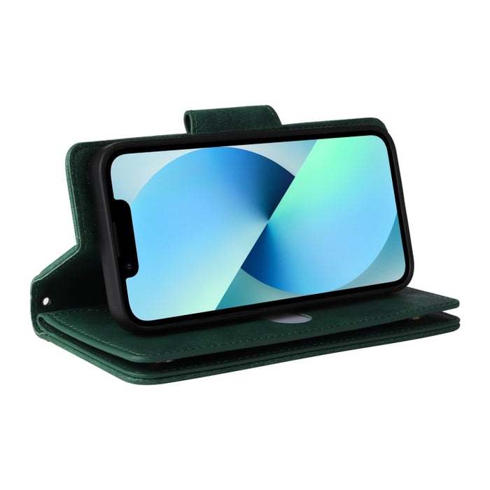 Caja de teléfono de cuero con tres pliegues para 9 tarjetas con hebilla de remache, For iPhone 13
