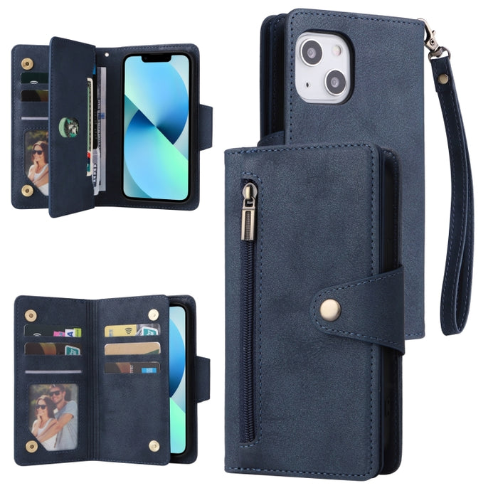 Caja de teléfono de cuero con tres pliegues para 9 tarjetas con hebilla de remache, For iPhone 13