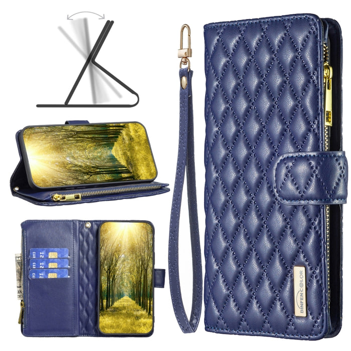 Estuche para teléfono con tapa de cuero tipo billetera con cremallera Diamond Lattice
